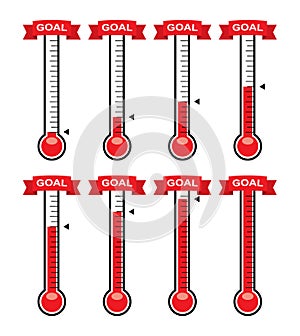 Goal thermometers at different levels. vector