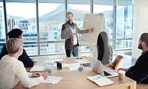 The goal is to capitalise on all our small markets. a businessman giving a presentation to his colleagues in an office.