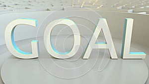 GOAL word in the center of a round maze. Conceptual 3D rendering