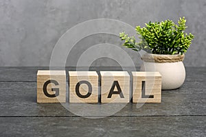 goal word is written on wooden cubes on a gray background. close-up of wooden elements. In the background is a green