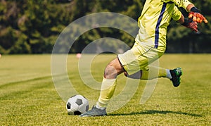 Goalie Kick on the Pitch During Match. Soccer Football Goalkeeper Goal Kick