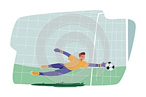 Goalie Male Character Wear Football Team Uniform in Motion on Stadium. Goalkeeper Jump and Catch Ball Motion