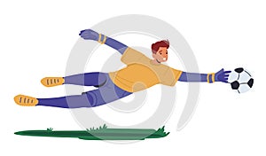 Goalie Male Character Wear Football Team Uniform in Motion on Stadium. Goalkeeper Jump and Catch Ball in Soccer Match