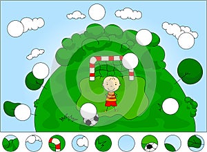 Goalkeeper boy standing at the gate with ball. Complete the puzzle and find the missing parts of the picture. Game for kids