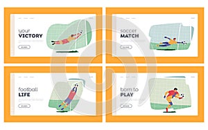 Goalkeeper Catch Ball Landing Page Template Set. Goalee Defend Gates in Soccer Tournament, Goalie Characters