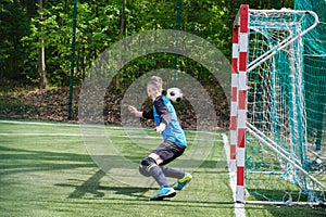 Goalkeeper catches the ball. Stadium goalie sports play ground game, grass soccer keeper man, outdoorsc ompetition,