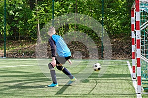 Goalkeeper catches the ball. Stadium goalie sports play ground game, grass soccer keeper man, outdoorsc ompetition