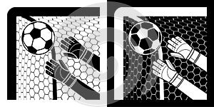 Goalkeeper gloved hands catch soccer ball flying into corner of goal. Football goalie protective gear. Isolated vector on white