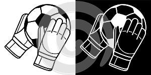 Goalkeeper gloved hands are holding soccer ball. Soccer goalie protective gear. Isolated vector on white background