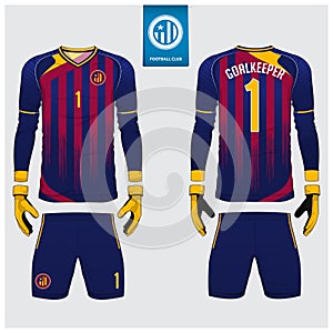 Goalkeeper jersey or soccer kit, long sleeve jersey, goalkeeper glove template design. Sport shirt mock up. Front and back uniform
