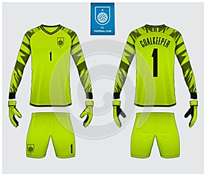 Goalkeeper jersey or soccer kit mockup. Goalkeeper glove and long sleeve jersey  template design. Logo design. Vector.