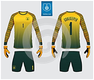 Goalkeeper jersey or soccer kit mockup. Goalkeeper glove and long sleeve jersey  template design. Logo design. Vector.