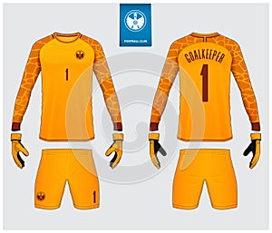 Goalkeeper jersey or soccer kit mockup. Goalkeeper glove and long sleeve jersey  template design. Logo design. Vector.