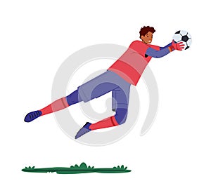 Goalkeeper Jump and Catch Ball in Air. Goalie Defend Gates in Soccer Tournament. Athlete Player Male Character in Motion