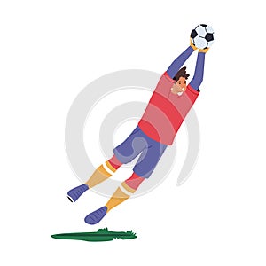 Goalkeeper Jump Catching Ball Defend Gates in Soccer Tournament Isolated on White Background. Goalie Male Character