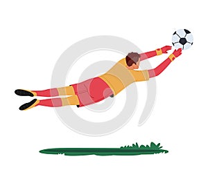 Goalkeeper Jump and Catching Ball Defend Gates in Soccer Tournament Rear View. Goalie Male Character in Football Uniform