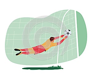 Goalkeeper Jump and Catching Ball Defend Gates in Soccer Tournament Rear View through the Net. Goalie Male Character