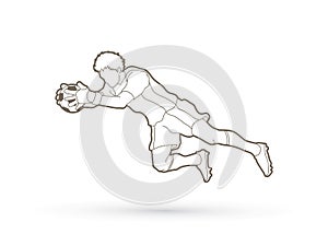 Goalkeeper jumping action, catches the ball graphic vector.