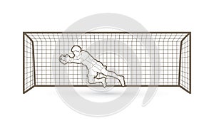 Goalkeeper jumping action, catches the ball graphic vector.