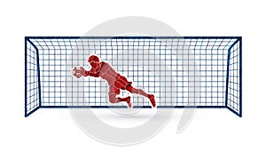 Goalkeeper jumping action, catches the ball graphic vector.