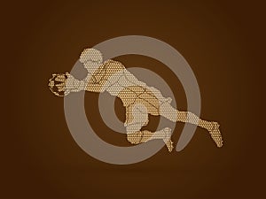 Goalkeeper jumping action, catches the ball graphic vector