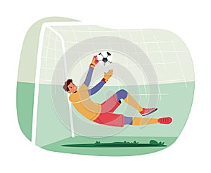 Goalkeeper Leaping to Catch Ball Flying into Gate. Man Defend Gates in Soccer Tournament. Goalie Vector Illustration