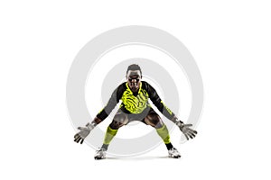 Goalkeeper ready to save on white background