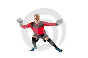 Goalkeeper ready to save on white background