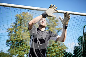 Goalkeeper or soccer player at football goal