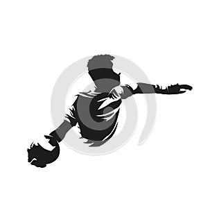 Goalkeeper throws the ball, soccer player isolated vector silhouette, ink drawing. Footballer