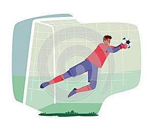 Goalkeeper Wear Football Team Uniform Jump and Catch Ball in Air. Goalie Defend Gates in Soccer Tournament Illustration