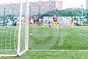 goalkeeper woman stands against goal with net and stadium. female soccer player diving to catch the ball. sporty girl