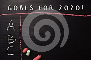 Goals For 2020! written with color chalk. Supported by an additional services. Blackboard concept