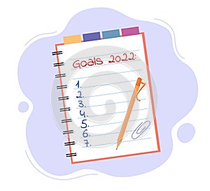 Goals for 2022 written on notepad isolated. Target list template. Planning, motivation for new year. Vector illustration