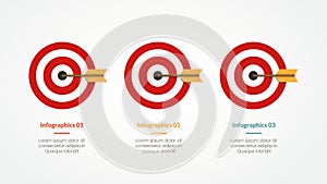 goals or business target infographic concept for slide presentation with horizontal symmetric dart goals 3 point list with flat