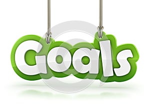 Goals green word text hanging on rope on white