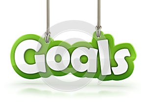 Goals green word text hanging on rope on white photo