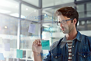 Goals that are properly planned are halfway reached. Cropped shot of a young designer writing notes on a glass wall in a