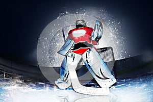 Goaltender at hockey arena in searchlight rays