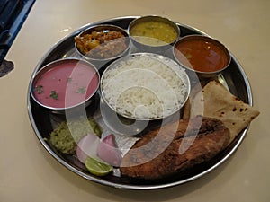 An Authentic Goan Meal, Fried Fish, Fish curry and white rice