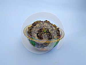 Goat Blood Fry with Eggs in a cup  on white Background. Lamb Blood Fry in Village Style