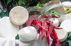 Goat cheese with Calabrian chili pepper typical of Cilento area in Campania region photo