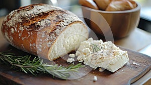 Goat cheese with rosemary and fresh loaf.