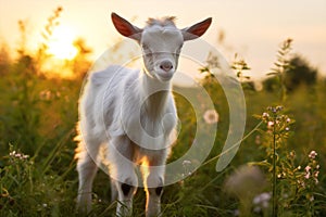 Goat cute sun summer rural landscape baby domestic grass animals farming green
