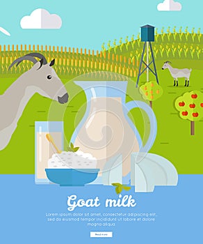 Goat Dairy. Milk Farm Concept Banner Vector