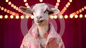 A goat dressed in a pink robe standing in front of a vibrant red curtain