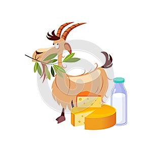 Goat Eating A Branch And Set Of Cheese And Milk Dairy Food, Farm And Farming Related Illustration In Bright Cartoon