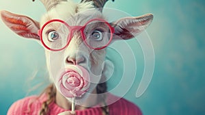 A goat with glasses and a lollipop in its mouth, AI