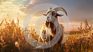 Goat Grazing In A Field At Sunset photo