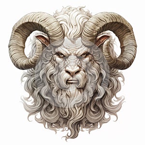 Detailed Ivory Illustration Of A Manticore-like Goat Head With Long Horns photo
